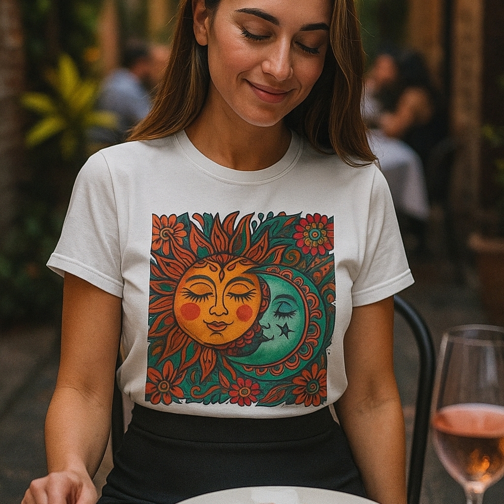 Boho Sun and Moon Graphic Tee – Large Size, Retro Celestial Unisex T-Shirt